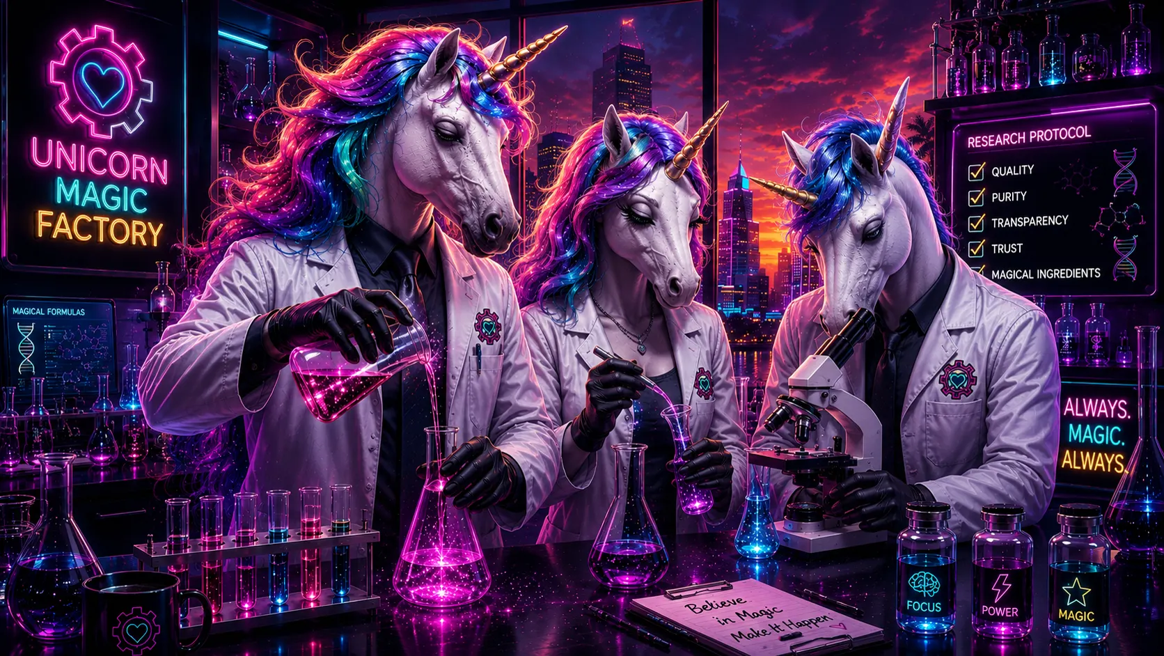 Unicorn scientists at work in the Unicorn Magic Factory lab