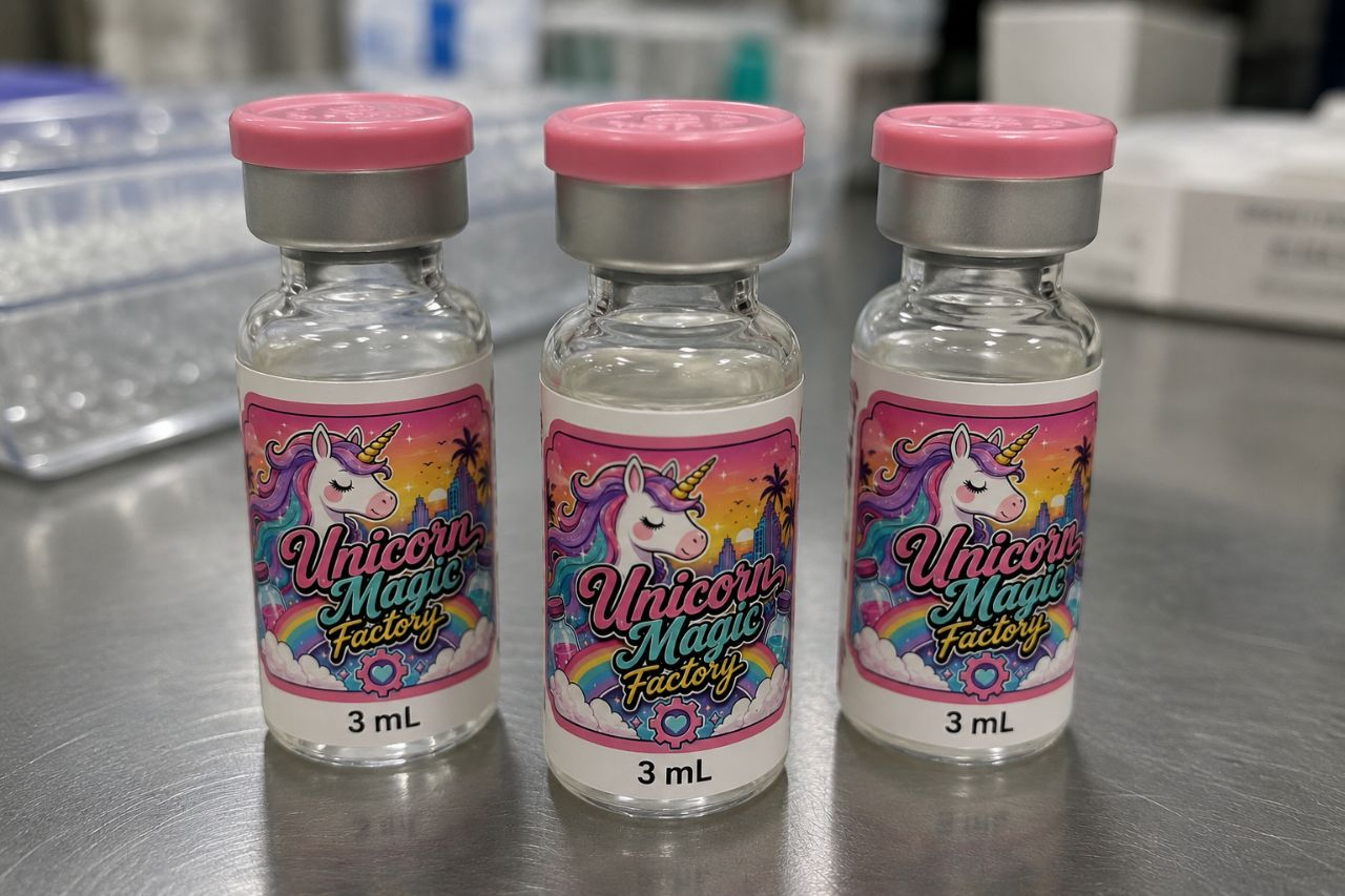Unicorn Magic Factory labeled vials